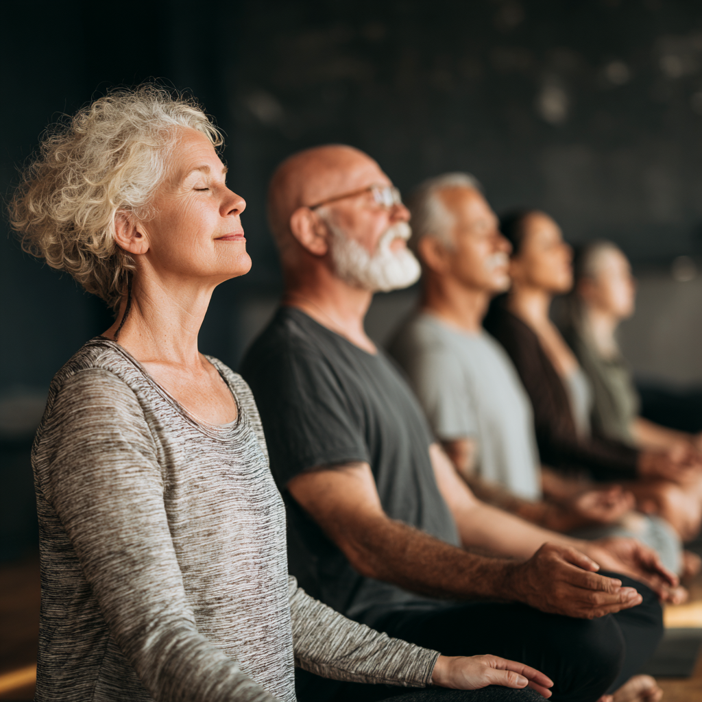 Group of mature adults sitting peacefully after yoga session in comfortable studio setting