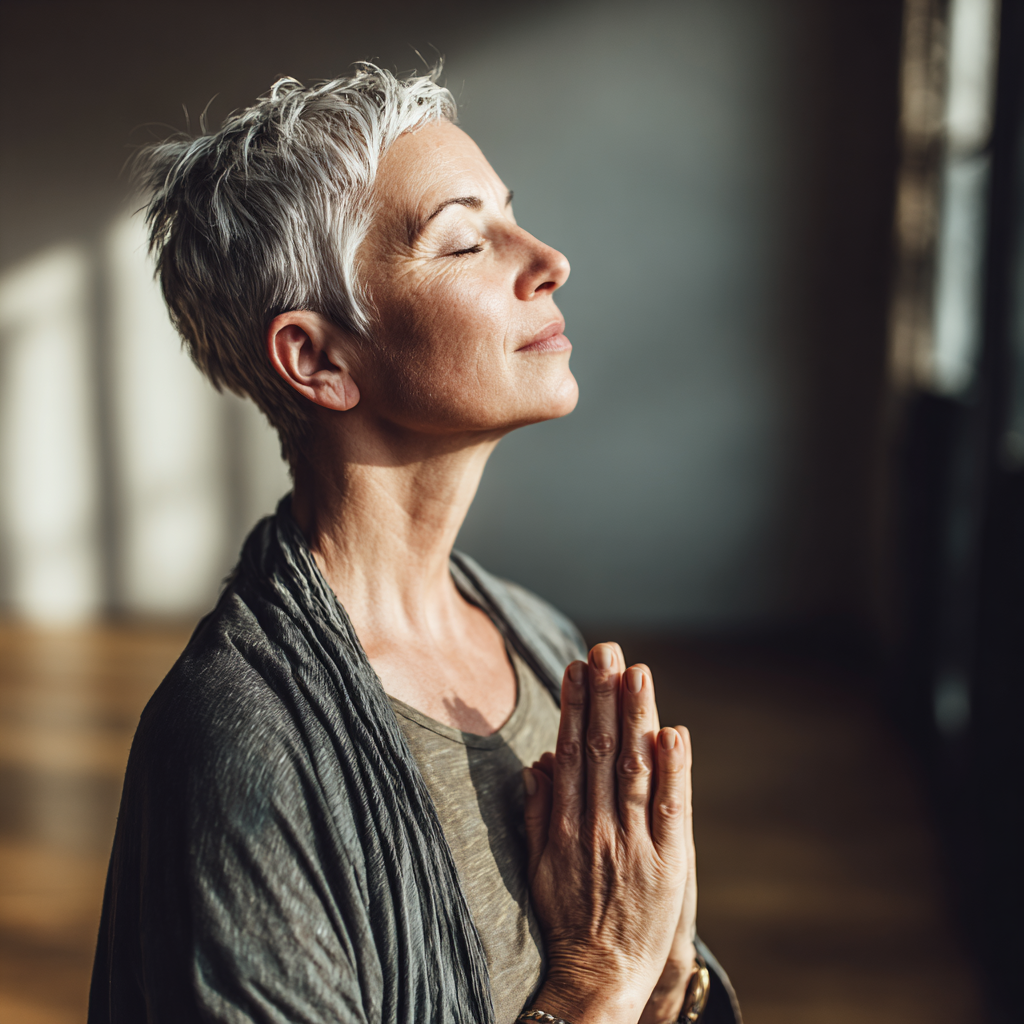 Mature woman practicing gentle yoga poses in peaceful studio environment